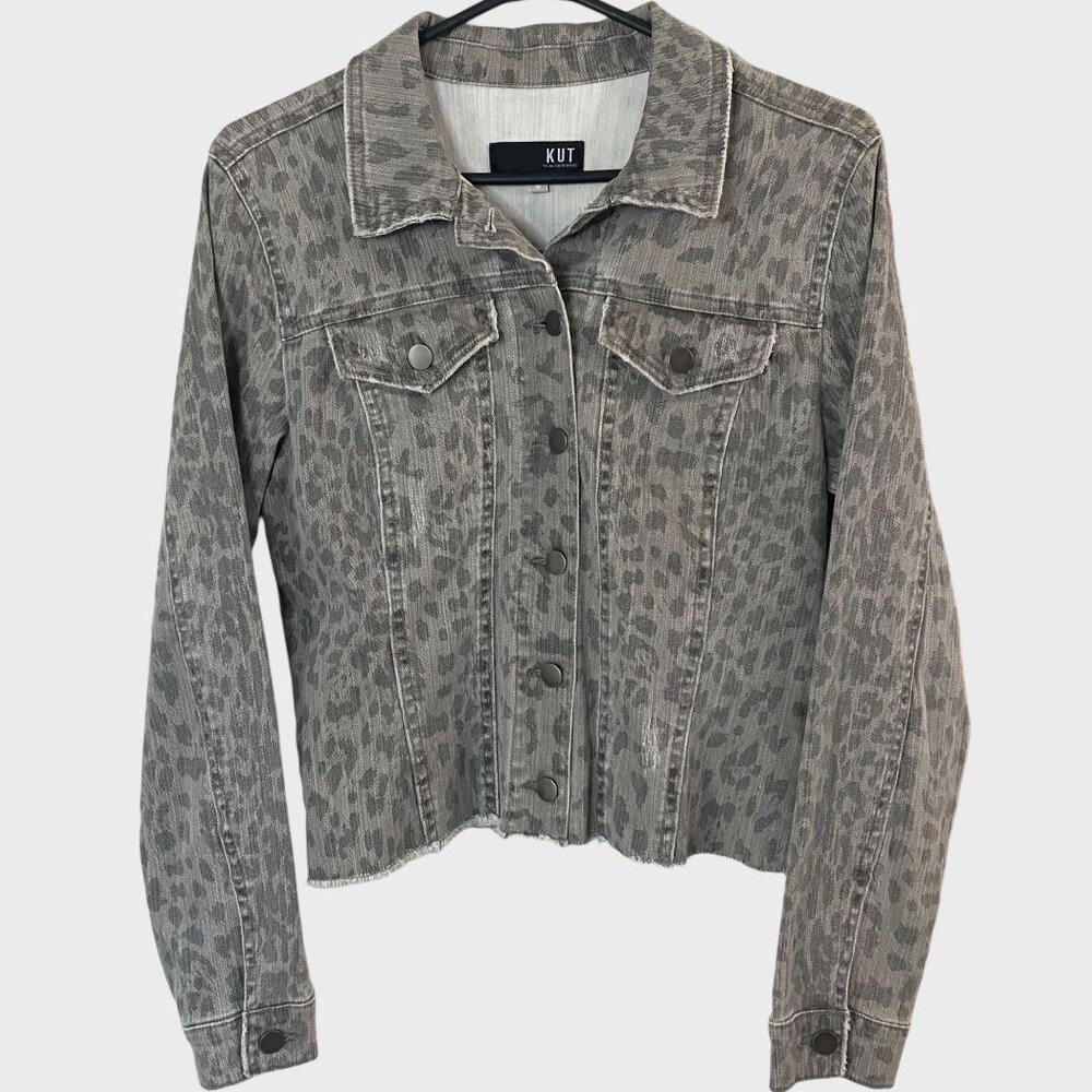 Kut From The Kloth Hand-Painted Denim Jacket Women's Medium Gray Cheetah Print - Picture 3 of 13